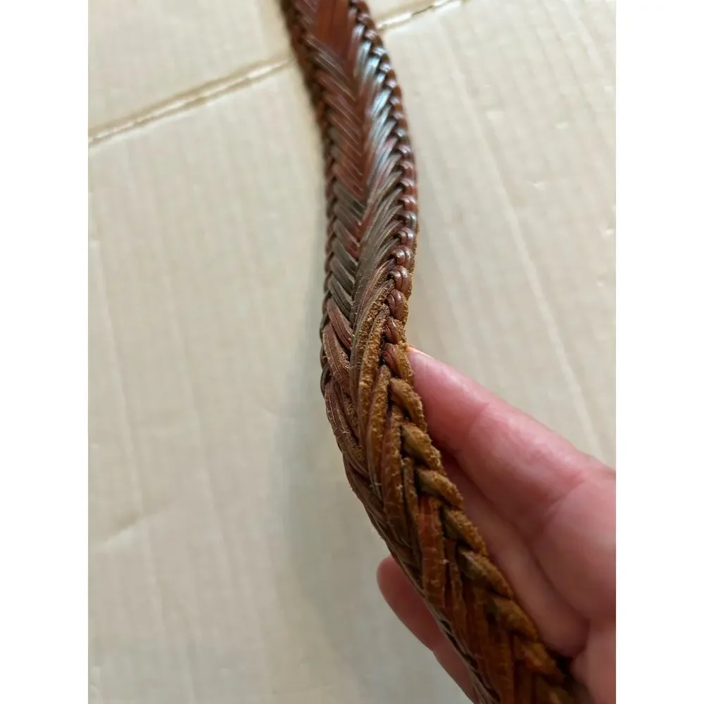 Vtg Mens Braided Belt Brown Variegated Leather Solid Brass Buckle Casual Sz 36